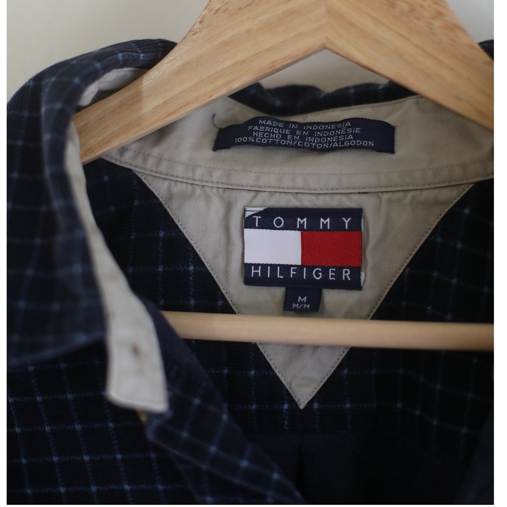 Y2K Tommy Hilfiger Mens‎ Navy Blue Grid Check Corduroy Button Down Shirt Size M - Picture 7 of 7